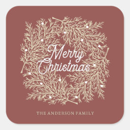 ilustración hojas abeto corona de Navidad rojo Quadratischer Aufkleber