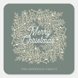 ilustración hojas abeto corona de Navidad verde Quadratischer Aufkleber