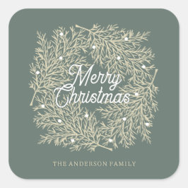 ilustración hojas abeto corona de Navidad verde Quadratischer Aufkleber