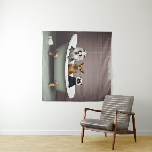 Im Badezimmer sitzen lustige Tiere in der Badewann Wandteppich (Beispiel (Horizontal))