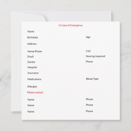 Im Fall einer Notkontaktkarte Feiertagskarte (Vorderseite)