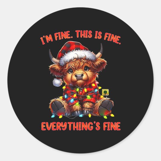 I'm Fine Everything Is Fine Christmas Highland Cow Runder Aufkleber (Vorderseite)