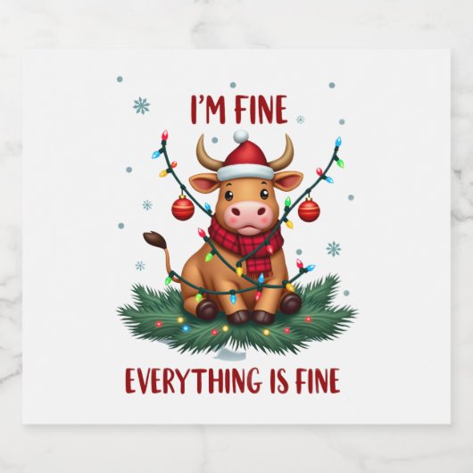 I'm Fine Everything is Fine Christmas Highland Cow Schaumweinetikett (Einzelnes Label)