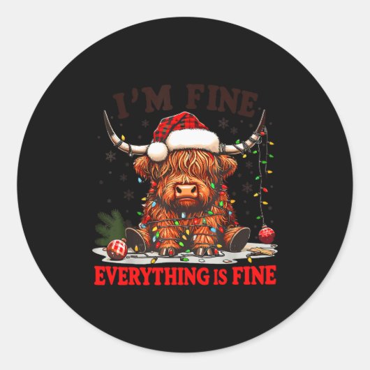I'm Fine Everything Is Fine Funny Christmas Highla Runder Aufkleber (Vorderseite)