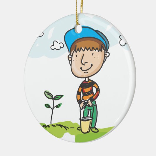 Im Garten arbeitender Junge, Baumpflanzen Keramikornament (Links)