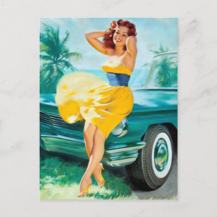 Im gelben Kleid Pin Up Postkarte