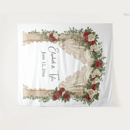 Im Hintergrund der Rose-Kissed-Arch-Hochzeit Wandteppich (Vorderseite (Horizontal))