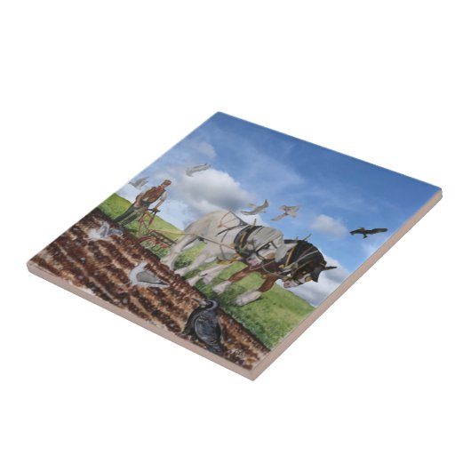 Im März pflügende Pferde Fliese (Seite)