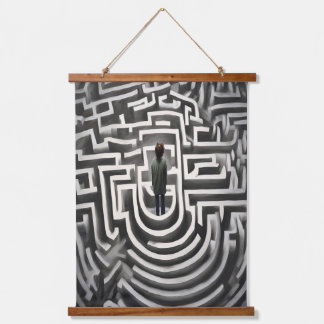 Im Maze Abstrakte Schwarz-Weiß-Kunst verloren Wandteppich Mit Holzrahmen
