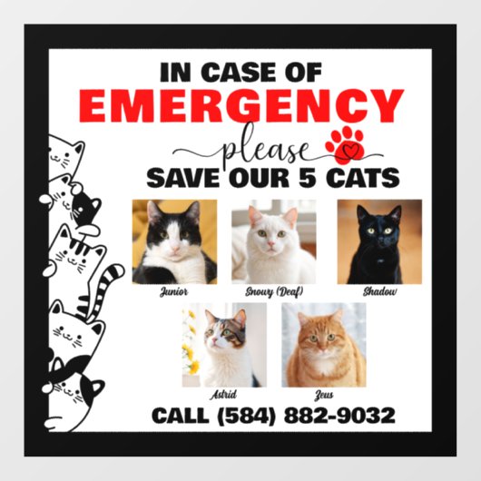 Im Notfall werden 5 Katzen mit benutzerdefiniertem Fensteraufkleber (Blatt)