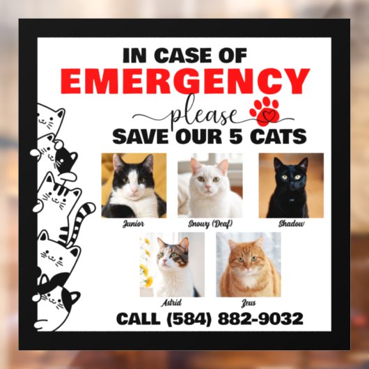 Im Notfall werden 5 Katzen mit benutzerdefiniertem Fensteraufkleber (Blatt 2)