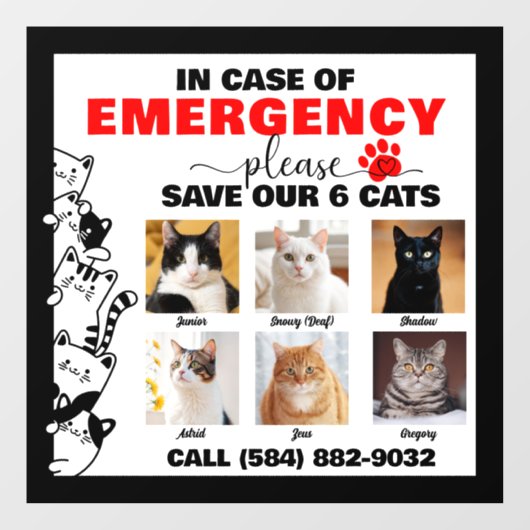 Im Notfall werden 6 Katzen mit benutzerdefiniertem Fensteraufkleber (Blatt)