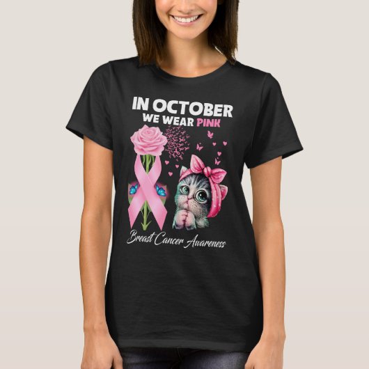 Im Oktober tragen wir ein pinkfarbenes Brustkrebsb T-Shirt (Vorderseite)
