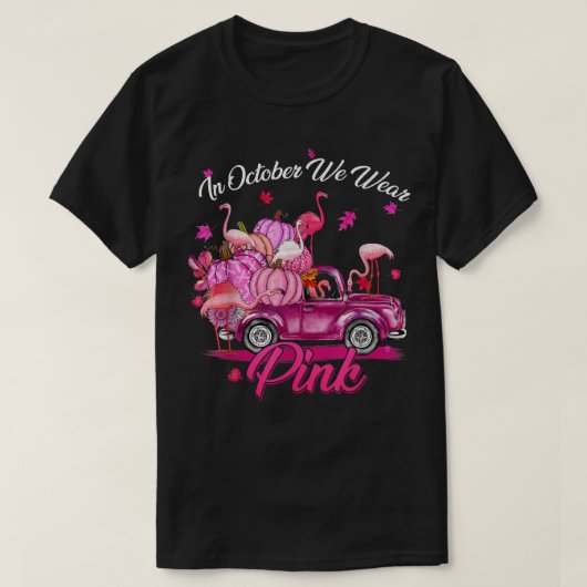 Im Oktober tragen wir einen rosa Flamingo-Brustkre T-Shirt (Design vorne)