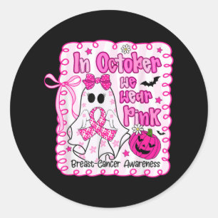 Im Oktober tragen wir Pink Ghost Breast Cancer Awa Runder Aufkleber
