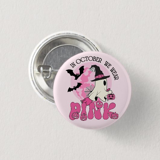 Im Oktober tragen wir Pink Ghost Halloween Button (Vorne & Hinten)