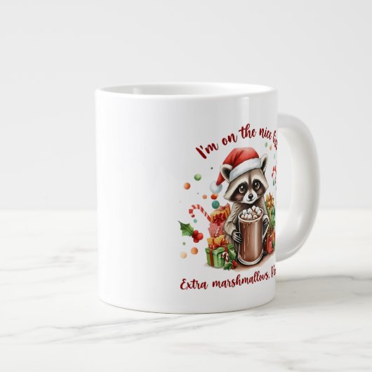 "I'm On The Nice List" Raccoon Christmas Jumbo-Tasse (Vorderseite Rechts)