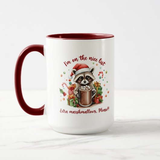 "I'm On The Nice List" Raccoon Christmas Tasse (Links)