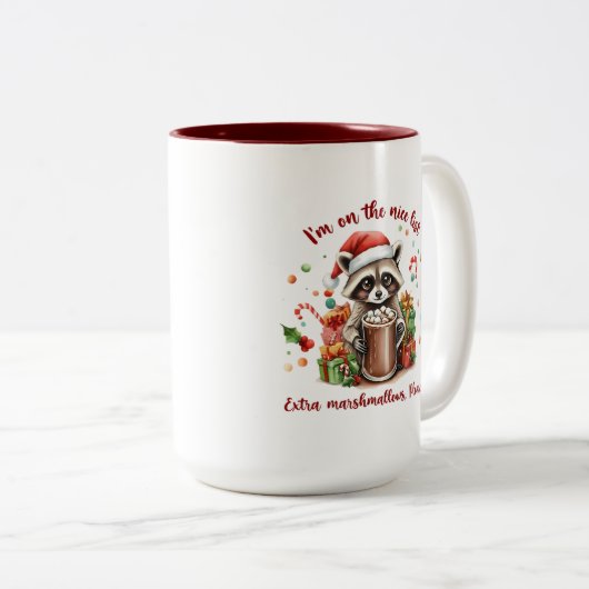 "I'm On The Nice List" Raccoon Christmas Zweifarbige Tasse (VorderseiteRechts)