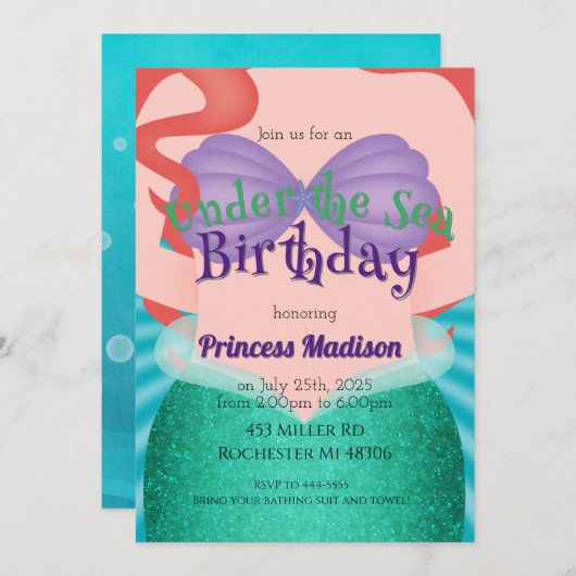 Im Rahmen der Meerjungfrau Prinzessin Birthday Ein Einladung (Vorne/Hinten)