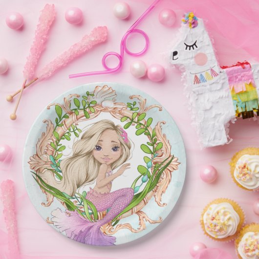 Im Rahmen der Muschel mit Meerjungfrau Pappteller (Party)