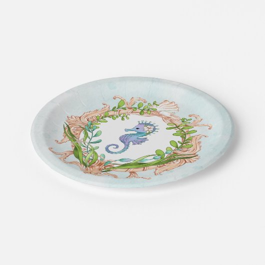 Im Rahmen der Muschel mit Meerpferd Pappteller (Schrägansicht)