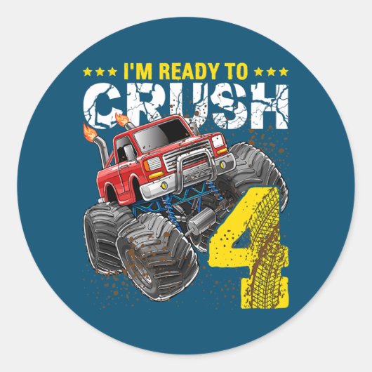 I'm Ready To Crush 4 Monster Truck 4th Birthday Runder Aufkleber (Vorderseite)
