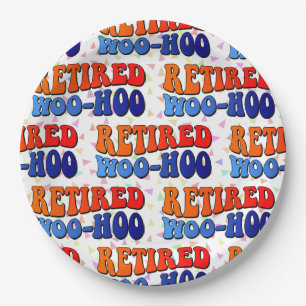 Im Ruhestand Woo Hoo Vintage Groovy Text Pappteller