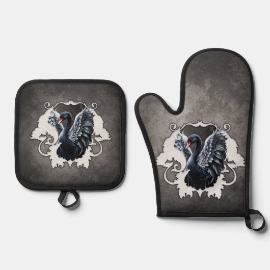 Im Schatten der Eleganz: Ein schwarzer Schwan. Ofenhandschuh & Topflappen-Set (Vorderseite)