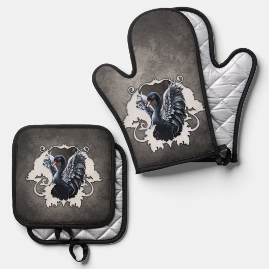 Im Schatten der Eleganz: Ein schwarzer Schwan. Ofenhandschuh & Topflappen-Set (Vorderseite/Rückseite)