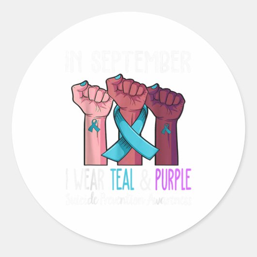 Im September tragen wir Aquamarine und Lila Selbst Runder Aufkleber (Vorderseite)