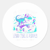 Im September tragen wir Aquamarine und Lila T-Rex Runder Aufkleber (Vorderseite)