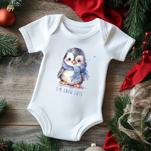 I'm Snow Cute Watercolor Winter Holiday Penguin  Baby Strampler
