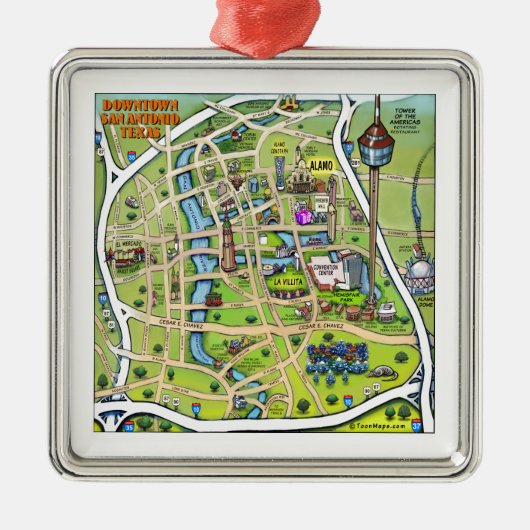Im Stadtzentrum gelegene San- AntonioCartoon-Karte Silbernes Ornament (Vorne)