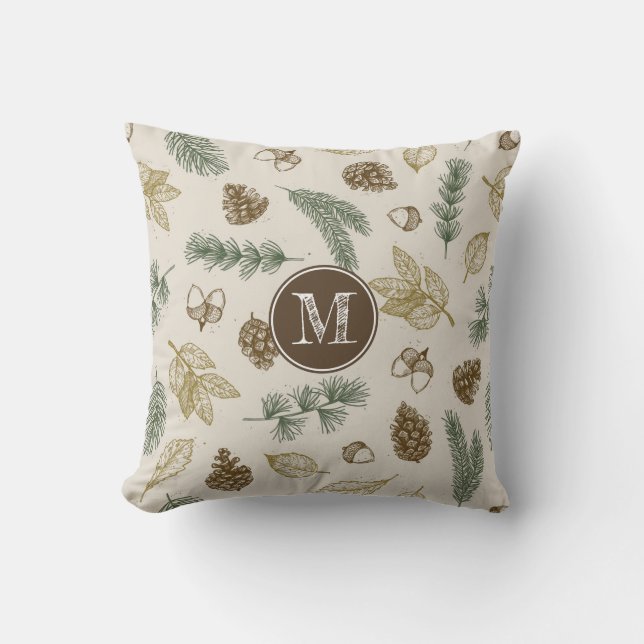 Im Waldwald Muster pinecones monogramm Kissen (Vorderseite)