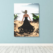 Im Wind ummantelt - Elegante Frau im Schwarzen Kle Leinwanddruck (Insitu (Holzboden))