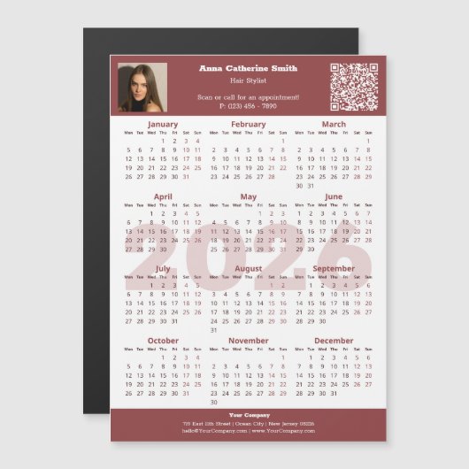 Image QR-code Burgundy White 2026 Calendar Magnet (Vorne/Hinten)