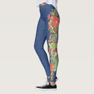 Imitat-Denim mit Blumenplatten-Entwurf Leggings