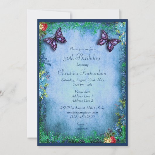Imitat Glitzer, Schmetterling & Rose Geburtstag Einladung (Vorderseite)