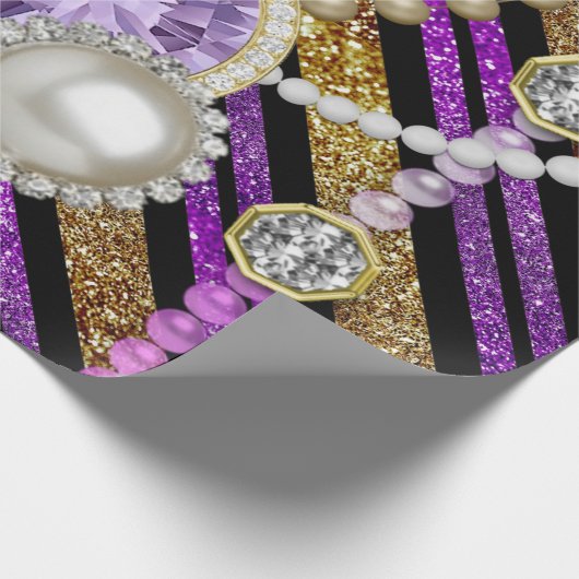 Imitat-Glitzer u. Juwelen lila u. Goldtöne Geschenkpapier (Ecke)