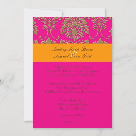 Imitat Gold Damask/orange/hot rosa Einladung (Vorderseite)