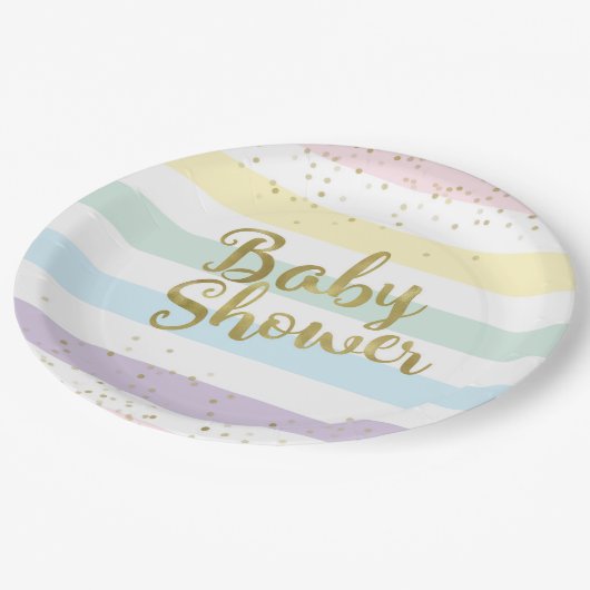 Imitat-Goldfolie, Pastellregenbogen Stripes Pappteller (Schrägansicht)