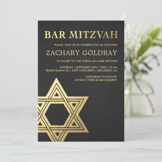 Imitat-Goldfolien-Stern Bar Mitzvah Einladungs-| Einladung (Stehend Vorderseite)