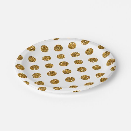 Imitat-GoldGlitzer-Polka-Punkt-Muster auf Weiß Pappteller (Schrägansicht)
