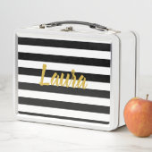 Imitat-Goldskript auf Schwarzweiss-Streifen Metall Brotdose (Beispiel)