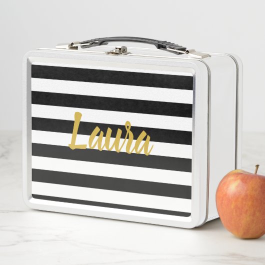 Imitat-Goldskript auf Schwarzweiss-Streifen Metall Brotdose (Beispiel)