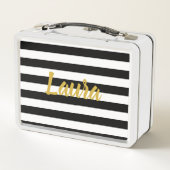 Imitat-Goldskript auf Schwarzweiss-Streifen Metall Brotdose (Rückseite)