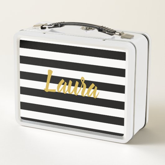 Imitat-Goldskript auf Schwarzweiss-Streifen Metall Brotdose (Rückseite)