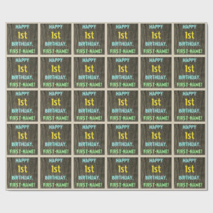 Imitat-Holz, gemalter Text-Blick, 1. Geburtstag + Geschenkpapier