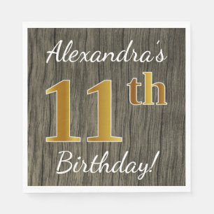 Imitat Holz, Imitat Gold 11. Geburtstag + Individu Serviette